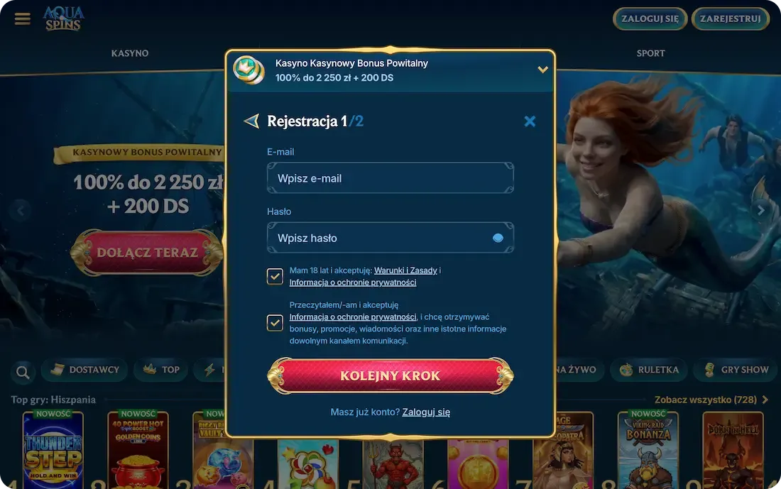 rejestracja w kasynie aquaspins